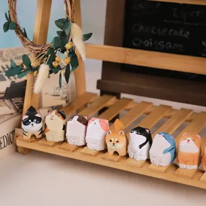 Handmade Basswood Cute Animal Figurine Desktop Ornament Wooden Dog Cat Statue Modern Home Decor Gift