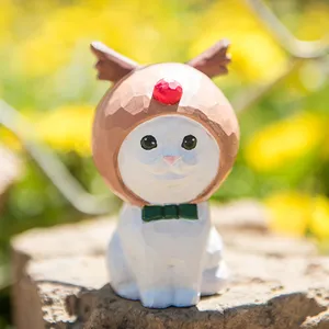 Figura de gato de madera con sombrero de reno, lindo adorno de escritorio y difusor de aroma.