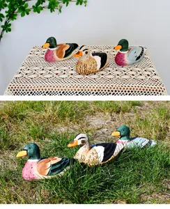 Handmade wooden carved duck figurines, hand-painted mallard decor ornaments for home office desk.
