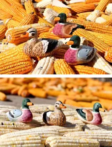 Handmade carved wooden duck figurines, rustic hand-painted mallard decor for home and desk.