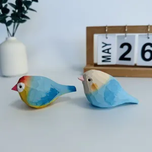 Hand-carved wooden bird figurine desktop decoration set for home and office healing gift.