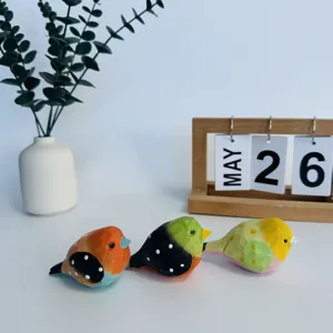 Hand-carved wooden bird figurines set, cute multicolored desktop animal ornaments for home decor.