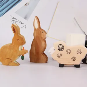 Wooden Animal Table Ornaments Cute Cartoon Rabbit Tiger Sheep Desktop Decor Handmade Craft Wooden Home Office Decoration