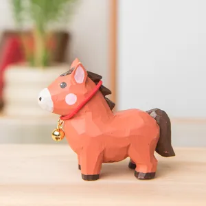 Handcrafted wooden horse figurine, cute zodiac pony ornament with bell for home decor and gifts.