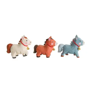 Handmade wooden carved zodiac pony cute creative ornaments set, perfect for home desktop decor.