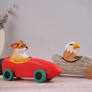 Adorno de coche de juguete de animal de dibujos animados de madera maciza, decoracion.