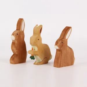 Wooden rabbit figurines set cute animal desktop decor handmade toys for kids room and office desk