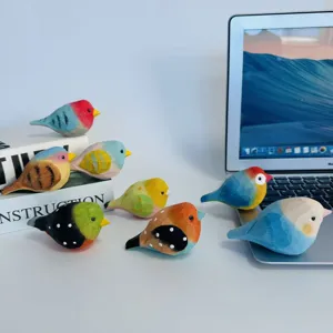 Handmade wooden bird figurine, creative carved wood animal ornament for home desktop and office decor.