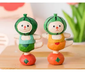 Handmade wooden carved cartoon figurines, cute watermelon hat desktop ornament decor.