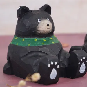 Hand-carved wooden black bear phone holder cute desktop cartoon ornament stand for desk office