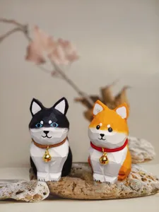 Cute handmade wooden dog figurines desktop ornament with golden bell craft gift decor.