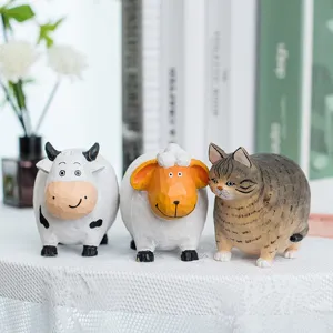 Cute wooden animal figurine fat style desktop ornament decorative craft for home decoration item