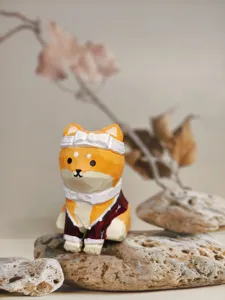 Handcrafted wooden Shiba Inu figurine detail shot, artistic desktop decoration carving.