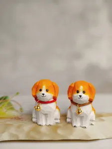 Handmade wooden carved dog figurine, cute desktop car ornament with little bell for gift.