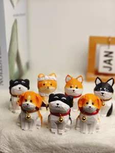 Wooden carved dog figurine desktop car ornament cute handmade animal gift with bell collar