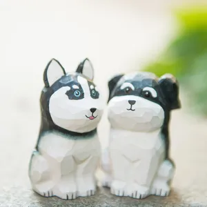 Handmade wooden carved dog figurines desktop car ornament cute animal craft gift