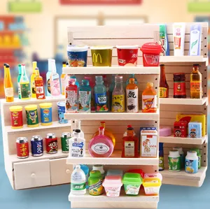 Dollhouse wooden display shelf miniature furniture model with various tiny grocery food toy props