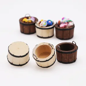 Miniature wooden bucket dollhouse furniture model, micro scene accessory, cute tiny craft props.