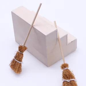 Miniature dollhouse wooden stairs and handmade broom props detail accessory set for decor.