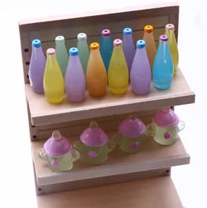 Miniature dollhouse wooden display shelf with cute colored bottles and baby bottles for mini scene decor.