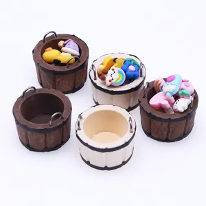 Miniature wooden buckets and cute resin charms for dollhouse decoration and BJD toy photography props.