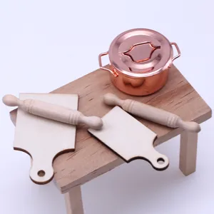 Dollhouse miniature wooden cutting board rolling pin and miniature kitchen metal pot set