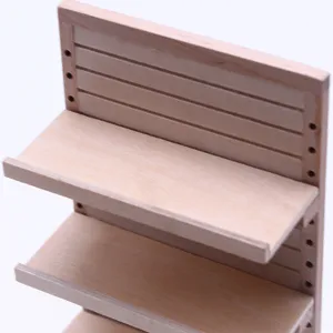 Miniature wooden display shelf 4-tier raw slat wall dollhouse furniture detail view