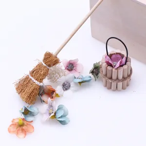 Dollhouse miniature broom model set with artificial flowers and wood bucket for decor.