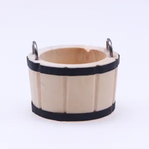 Miniature wooden bucket detail shot, dollhouse miniature furniture model scene accessory.
