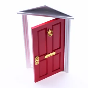 Porte de maison de poupée miniature rouge avec cadre blanc et quincaillerie dorée pour décor.