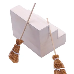 Miniature dollhouse wooden stairs display stand and handmade small broom models accessories.