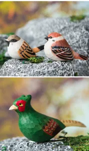 Hand carved wooden bird figurines set, cute sparrow and pheasant sculpture for home decor.