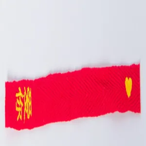 Rotes besticktes Stoffband Detail mit Liebestext und Herzmuster für Basteldekoration.