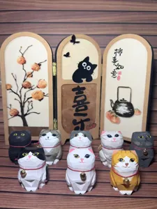 Handmade carved wooden cat figurines set with miniature screen desktop car cute decor