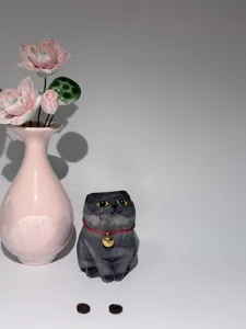 Detailed shot of handmade wooden cat carving sculpture, healing cute pet desktop ornament gift.
