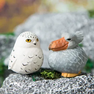 Handcrafted wooden owl and unique bird figurines, cute animal desktop decor for home and office.