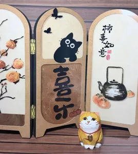 Hand-carved wooden cat figurine detail, cute desktop decoration and healing gift ornament.