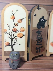 Handmade wooden cat carving desktop ornament with folding screen for healing gift decor