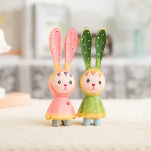 Handcrafted wooden rabbit figurine set, cute desktop car decoration, cartoon animal art