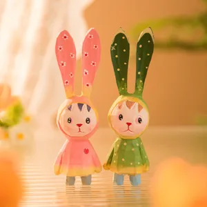Handmade wooden long ear rabbit desktop ornament cute cartoon wood craft figurine pair