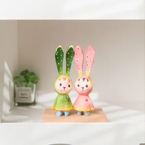 Handmade wooden carved long ear rabbit couple figurine desktop ornament cute cartoon animal decor
