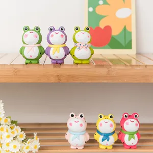 Cute wooden frog figurines set, colorful hand-carved animal home decor desk ornaments.