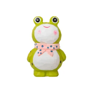 Cute wooden carved frog figurine with pink polka dot scarf, perfect handmade home decor gift.