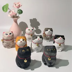 Handmade Wooden Cat Figurine Cute Animal Wood Carving Sculpture Desktop Ornament Car Interior Decor Healing Gift