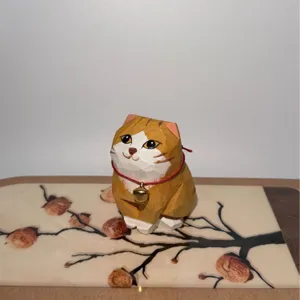 Handmade wooden carved cat figurine, cute desktop ornament and healing gift for car decor.