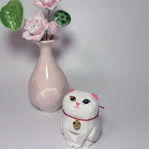 Handmade carved wooden cat figurine with bell and healing design for home desk decor