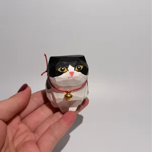 Handmade wooden carved cat figurine desktop decor cute painted kitten ornament gift.