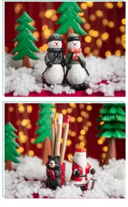 Close-up detail of wooden Christmas ornaments, featuring cute snowmen and Santa decor.