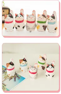 Handmade wooden lucky cat figurines desktop home decor cute ornament set for home shelf
