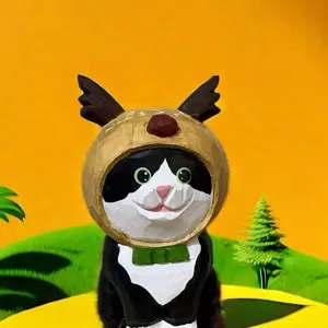 Hand-carved wooden cat figurine with cute hat, creative handmade desktop & car interior decor.
